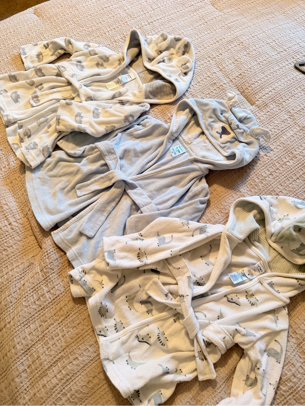 Set of Cozy Hooded Kids Pajama Robes - Light Gray/Cream/Blue